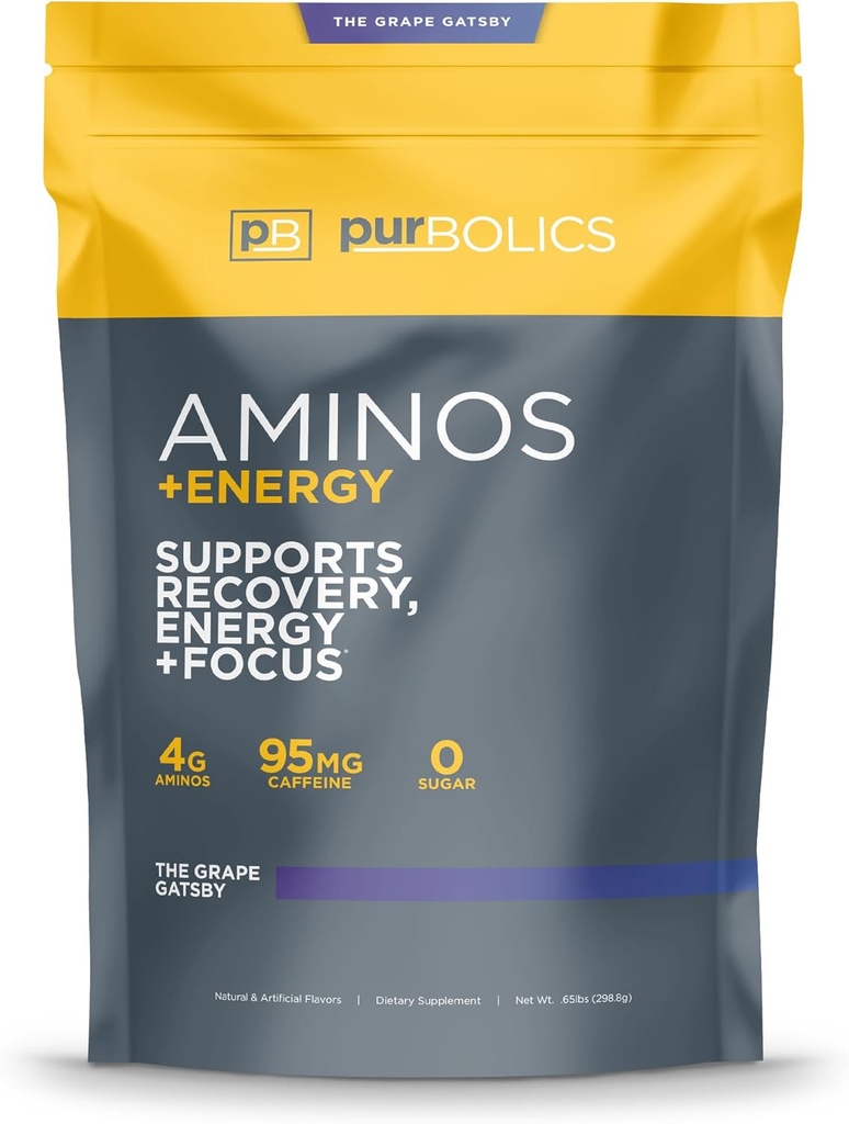 Purbolics Aminos + Énergie , soutient la récupération, l'énergie et le focus , 95mg de caféine , 0 sucre et 60 portions (le raisin Gatsby)