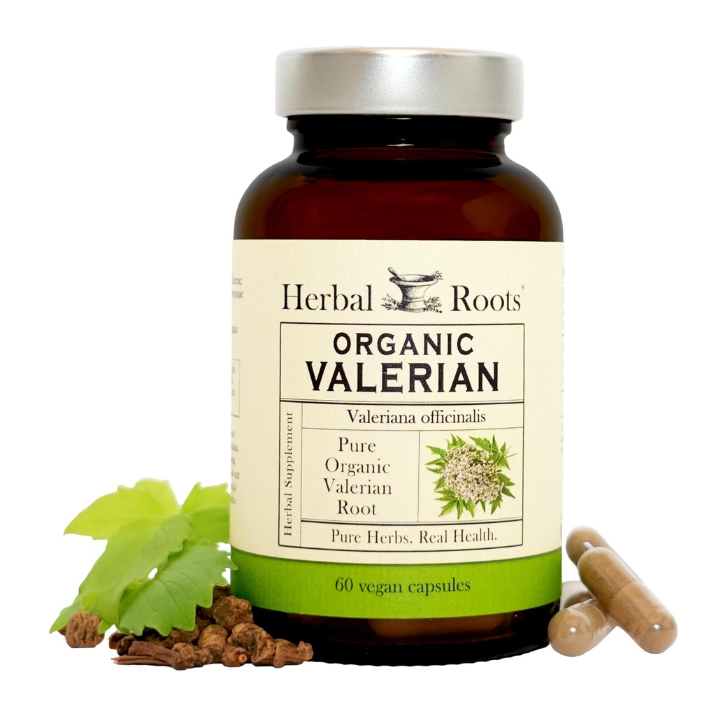 Racines à base de plantes Gélules de racines valérianes biologiques pures - 900 mg - Non-Habit Formant avec pas de mélatonine, Non-OGM - 60 Capsules Vegan Count, Supplément à base de plantes