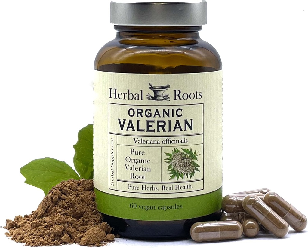 Racines à base de plantes Gélules de racines valérianes biologiques pures - 900 mg - Non-Habit Formant avec pas de mélatonine, Non-OGM - 60 Capsules Vegan Count, Supplément à base de plantes