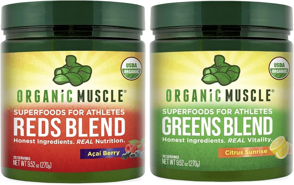 Bio Muscle Verts végétaliens et Rouges Superfood Powder - USDA Bio et à base de plantes Red Juice & Green Juice Powder Bundle for Energy, Focus, Digestion & Immune System - Non OGM 30 portions