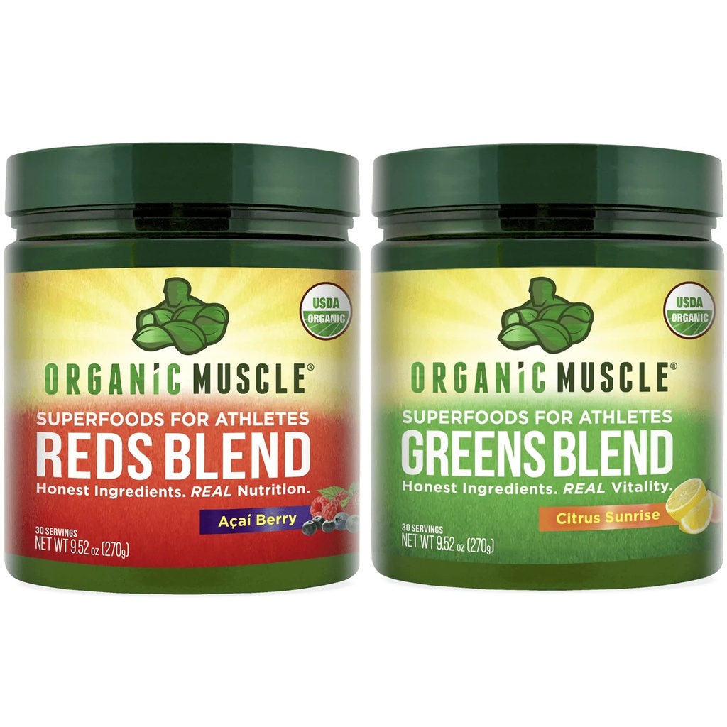 Organic Muscle Vegan Greens and Reds Superfood Powder - USDA Organic & Plant Based Red Juice & Green Juice Powder Bundle for Energy, Focus, Digestion & Immune System - Non GMO 30 Servings