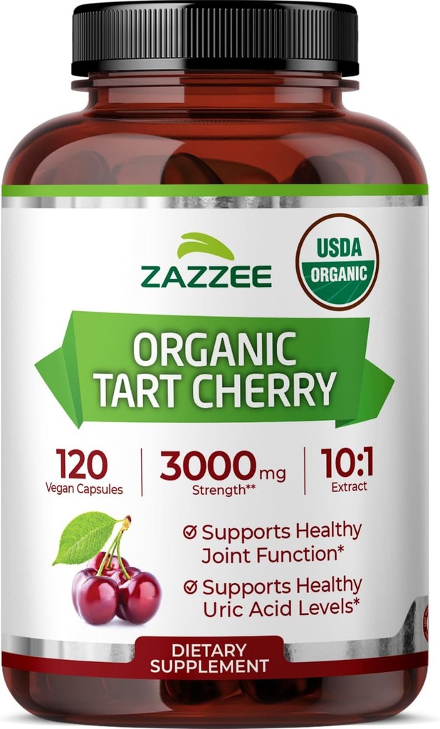 Zazzee USDA Bio Tart Cherry 10:1 Extrait, 3000 mg de force, 120 capsules végétaliennes, 4 mois d'approvisionnement, normalisé, concentré 10X Extrait, 100% végétarien, certifié biologique, tout naturel et non-OGM