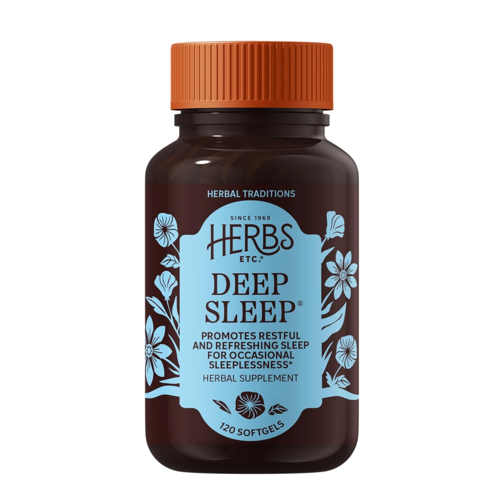 Herbs Etc. Softgels de sommeil profond - Supplément de sommeil à base de plantes - Soutien au repos et au repos avec baume de fleurs de passion, de camomille et de citron - 120 Softgels (120 portions)