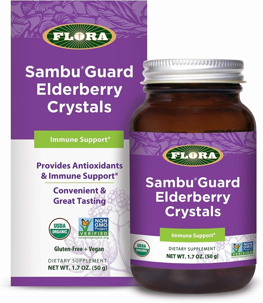 Flora - SambuGuard Elderberry Crystals, fournit des antioxydants et le soutien immunitaire, renforcer l'immunité, corps de détox, stimuler l'énergie, 1,7-oz. Poudre