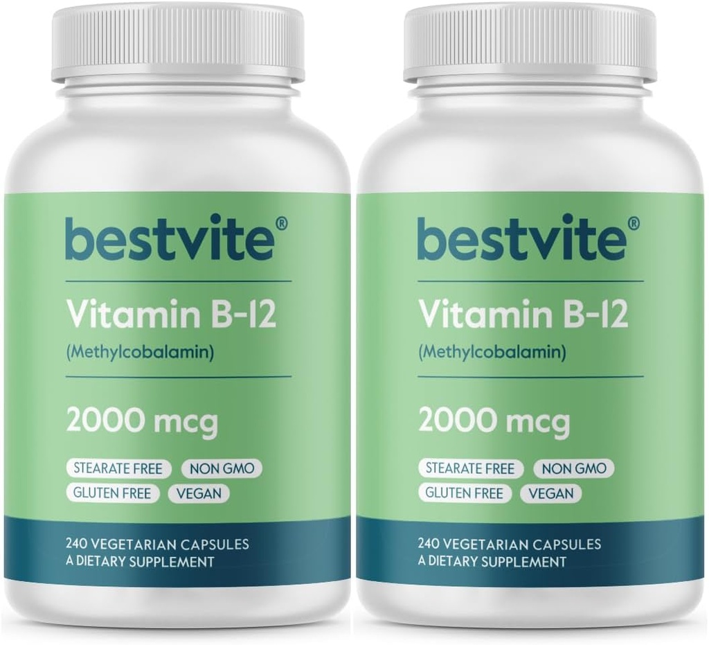 BESTVITE Vitamine B12 (méthylcobalamine) 2000mcg (480 Capsules végétariennes)(2 x 240) (méthyl B12) - Pas de stéarate - Vegan - Non OGM - Sans gluten