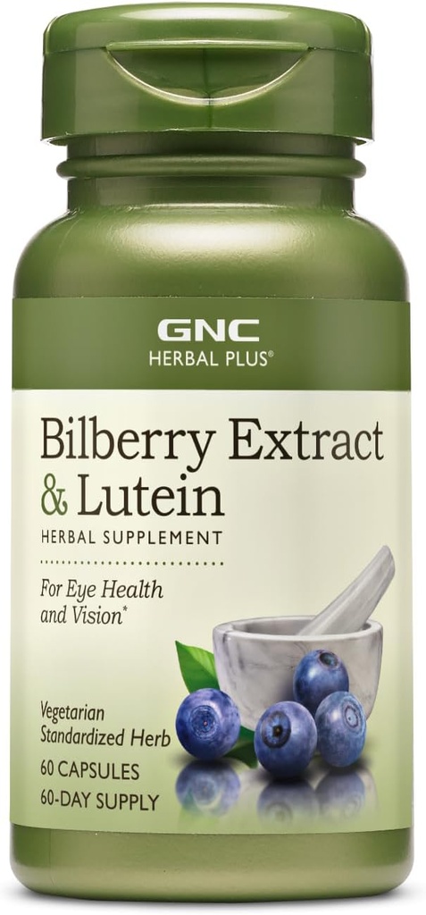 GNC Herbal Plus Bilberry Extract and Lutein Supplément, Végétarien, soutient la santé des yeux et de la vision, 60 portions