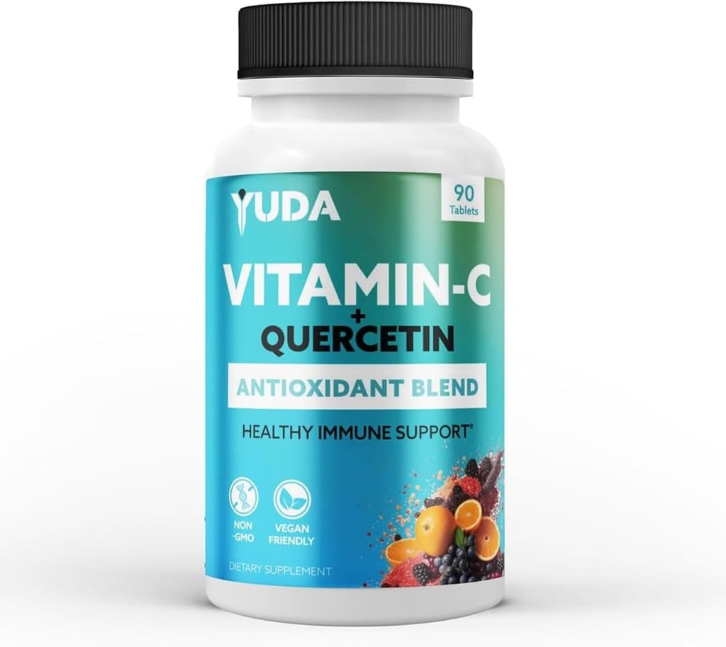 Yuda Quercetin Suppléments avec vitamine C 1000mg - Super C Vitamine & Quercitine Formule pour le soutien immunitaire Enrichi avec Elderberry & Rose HIPS - Promotion d'une réponse immunitaire saine - 90 comprimés