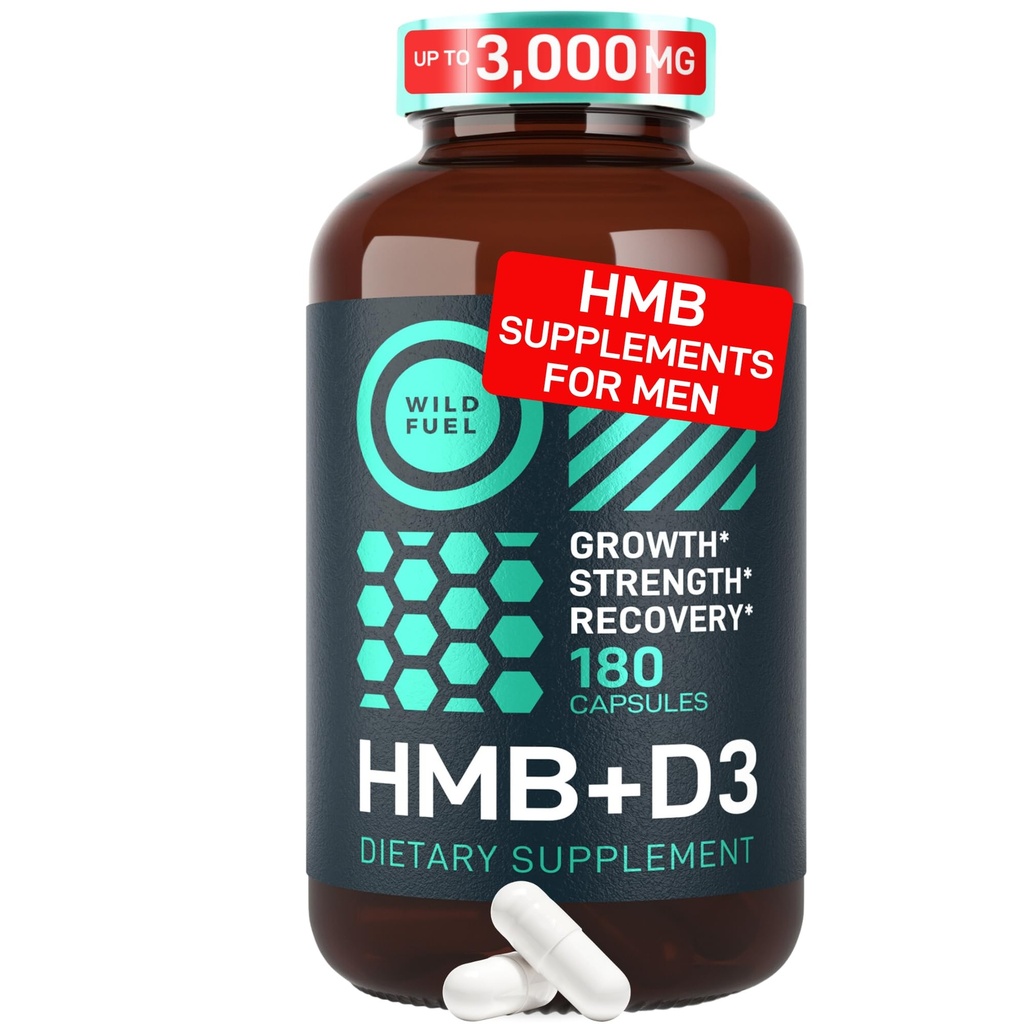 WILD FUEL 3000mg HMB Supplément plus vitamine D3 - Croissance musculaire, force, récupération rapide HMB suppléments pour les hommes et les femmes - Calcium Beta-Hydroxy Beta-Méthylbutyrate - 180 capsules