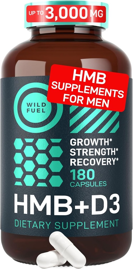 WILD FUEL 3000mg HMB Supplément plus vitamine D3 - Croissance musculaire, force, récupération rapide HMB suppléments pour les hommes et les femmes - Calcium Beta-Hydroxy Beta-Méthylbutyrate - 180 capsules