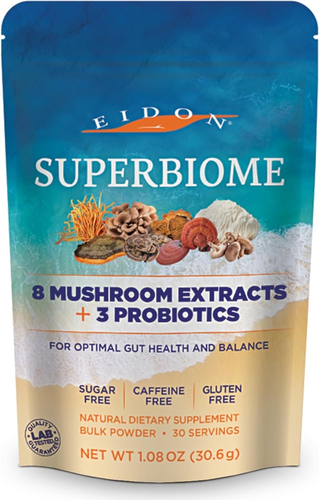 Eidon SuperBiome, Mélange de poudre de champignons probiotiques, Gut Balance, Microbiome supplément de santé avec bio Reishi, Chaga, Lion's Mane, Cordyceps, Turquie Tail, Shitake, Maitake, Phelinus, 30 portions