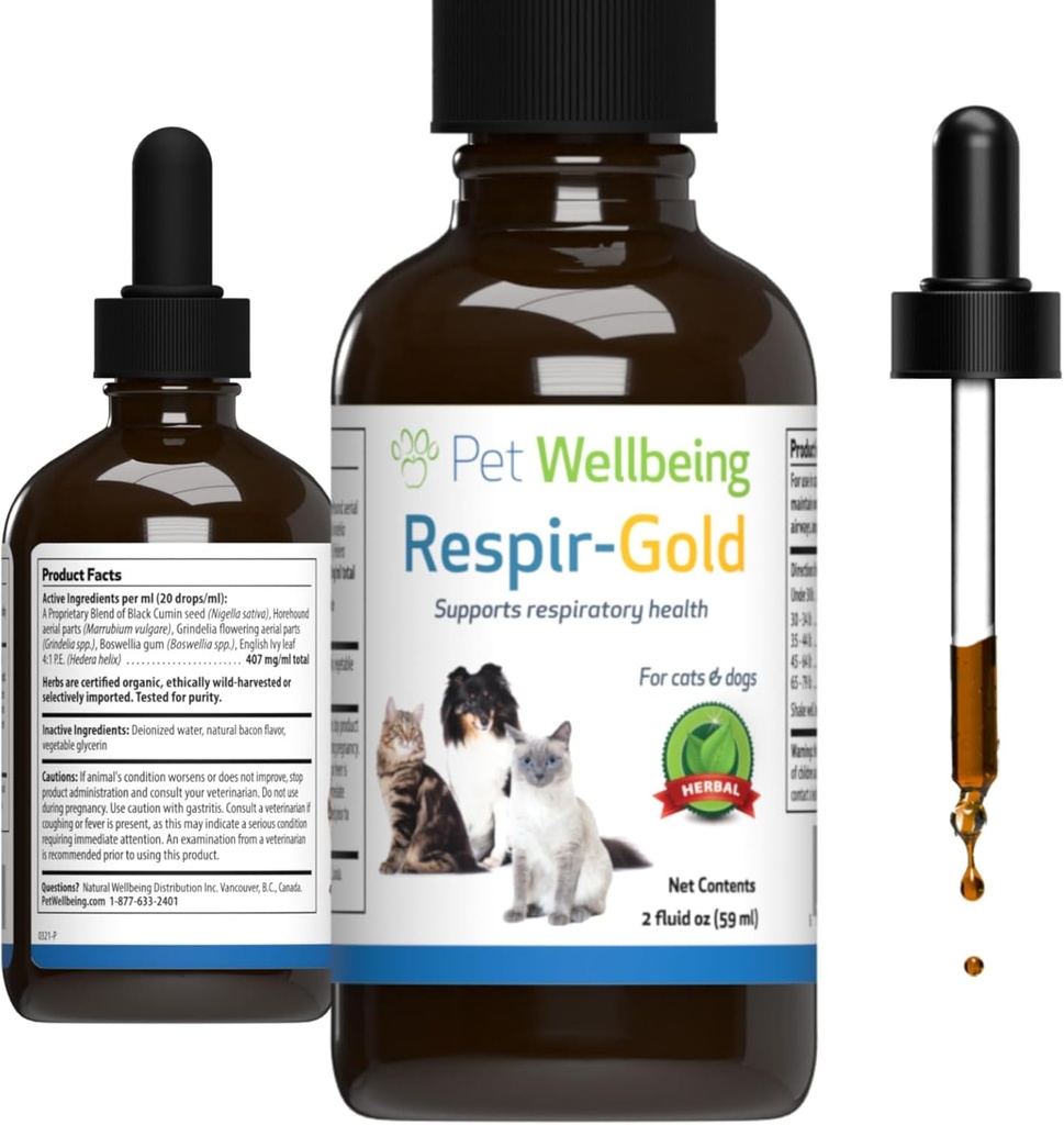 Pet Wellbeing Respir-Gold pour les chats - Soutiens Respiration saine, Open Airways, Soutien respiratoire, Cumin noir, Horehound, Grindelia - Vétérinaire-formulé supplément à base de plantes 2 fl oz (59 ml)