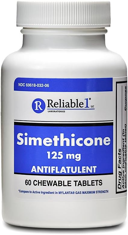 Reliable-1 Laboratoires Siméthicone 125mg Comprimés de dégazage Extra-force Pilules de dégazage anti-flatulence, dégazage rapide pour les adultes