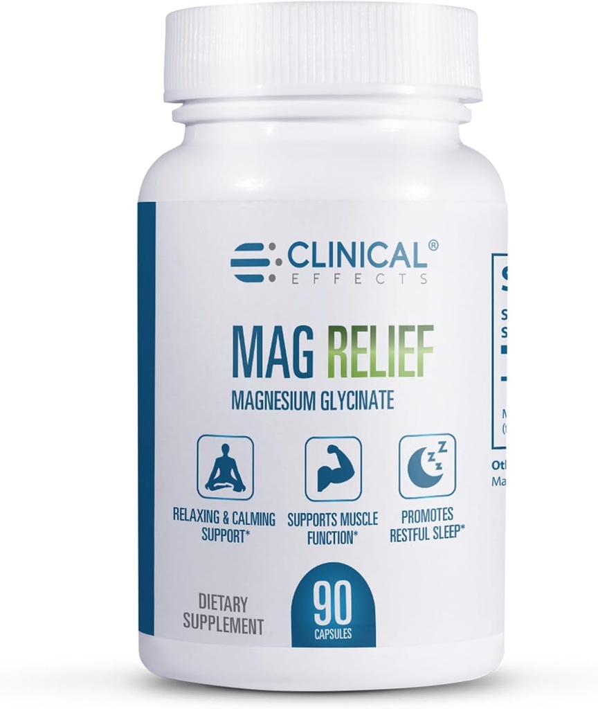 Effets cliniques Mag Relief Supplément Magnésium - 275mg Glycinate de Magnésium pur - 90 Capsules de Magnésium - Magnésium de qualité pour la défense des crampes, os, muscles et nerfs - USA Made