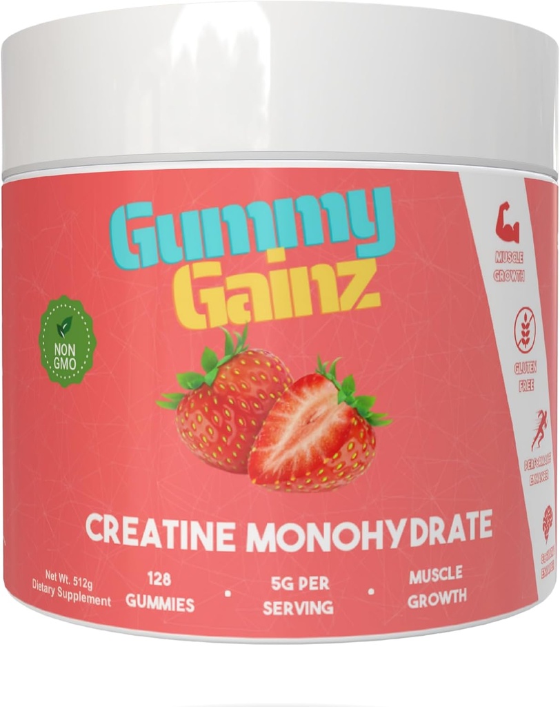 Creatine Monohydrate Gummies Muscle Strength Builder Gain Faster Recovery 5000mg pour les hommes et les femmes Boost Énergie Pré-entraînement Chewables Supplément 128ct (Regular, Fraise)