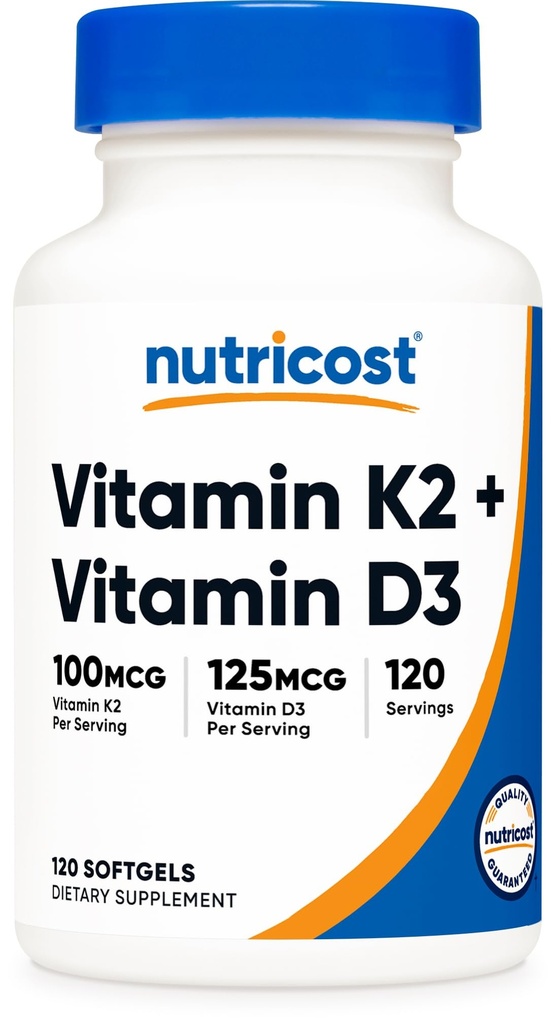 Nutricost Vitamine D3 + K2 (5000 UI D3 / 100 mcg MK7), 120 softgels – sans gluten et sans OGM