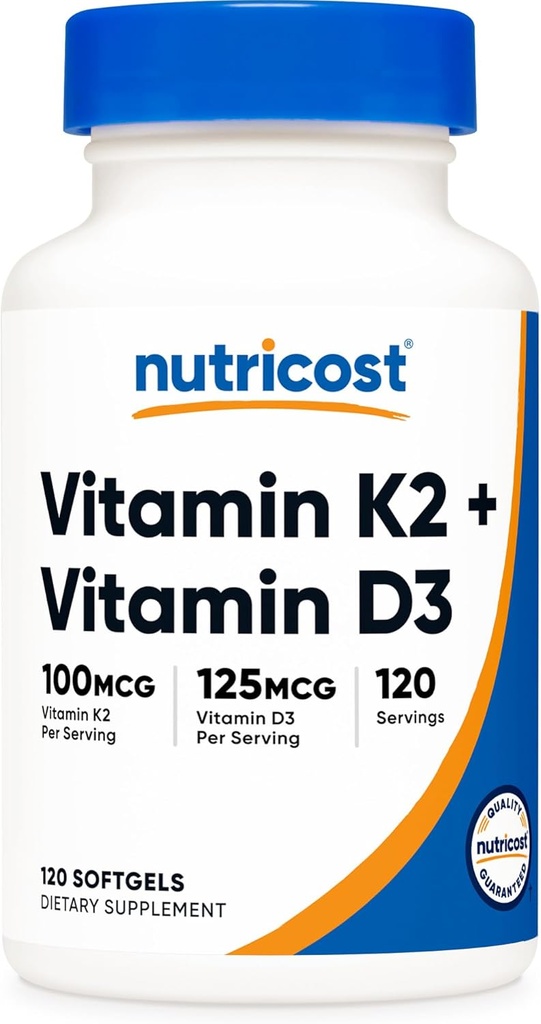 Nutricost Vitamine K2 (MK7) (100mcg) + Vitamine D3 (5000 UI) 120 softgels - sans gluten et sans OGM