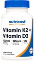 Nutricost Vitamine D3 + K2 (5000 UI D3 / 100 mcg MK7), 120 softgels – sans gluten et sans OGM