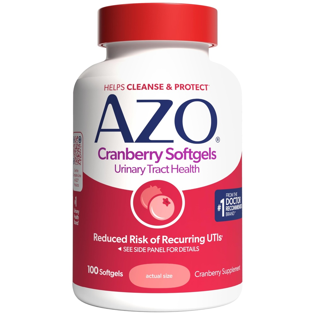 Supplément de canneberge AZO, fabriqué avec de la poudre de canneberge entière de fruits concentrés pour aider à nettoyer et protéger le piège urinaire*, pilules sans sucre, non-OGM, 100 softgels