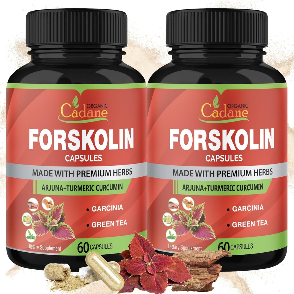 Cadane 2 Packs Suppléments Forskolin Capsules & Turmeric, Arjuna, Garcinia Cambogia, Thé vert - Fort maximum Coleus Forskohlii Extrait - Support Système immunitaire - 4 mois d'approvisionnement