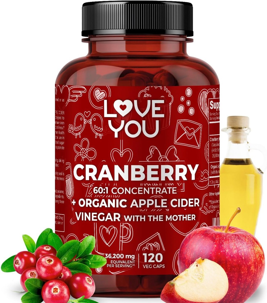 Love You Cranberry 60:1 Extrait + vinaigre de cidre de pomme biologique – Max Strength 36,200 mg Équivalent – 120 Capsules Vegan – Soutien urinaire et digestif