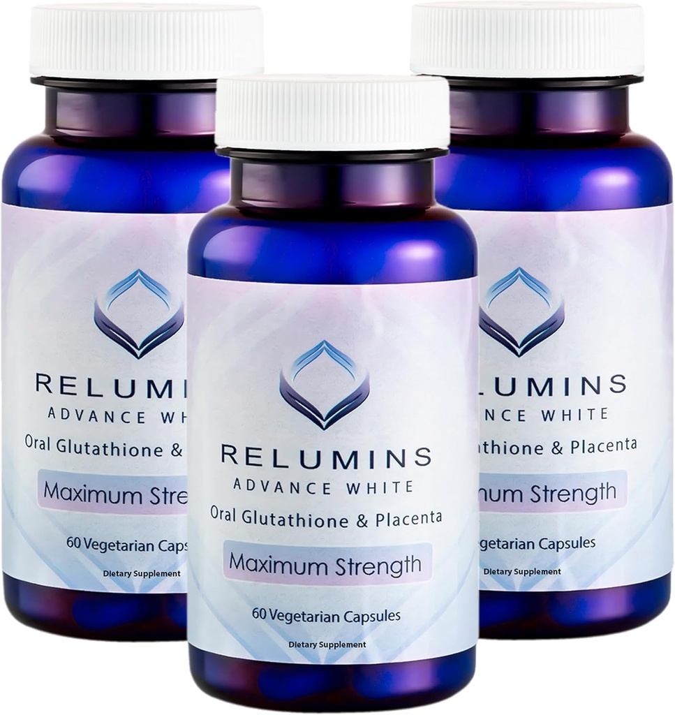 Relumins Advanced White Glutathione Capsules - Max Strength Brightening Supplement with ALA, Placenta, Rose HIPS & Vitamin C - Fights Oxidative Stress, Supports Collagen & Made in USA - 3 Bottles