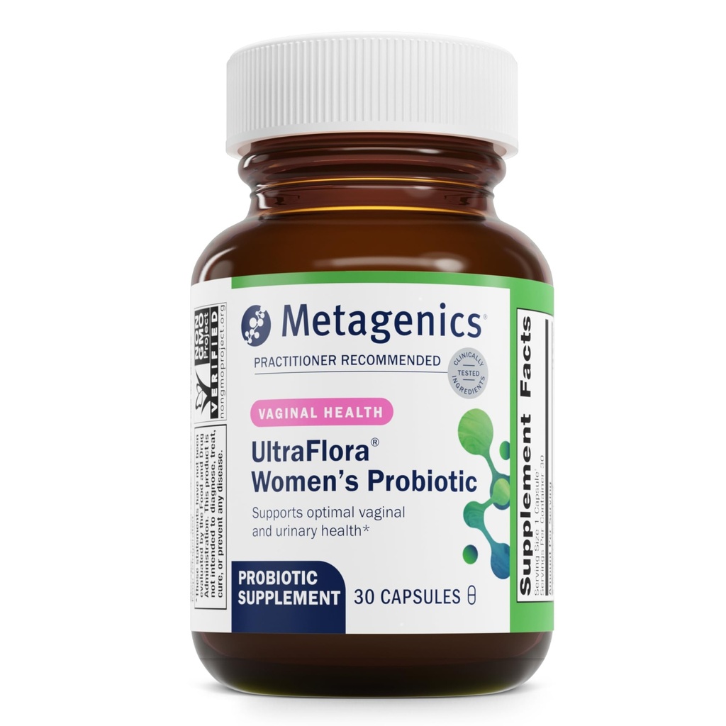 Métagénique UltraFlora Femmes Probiotique – Supplément plateau-stable pour la santé vaginale, l'équilibre des levures et le confort urinaire – avec Lactobacillus GR-1 et RC-14 – Non-OGM – 30 Capsules*