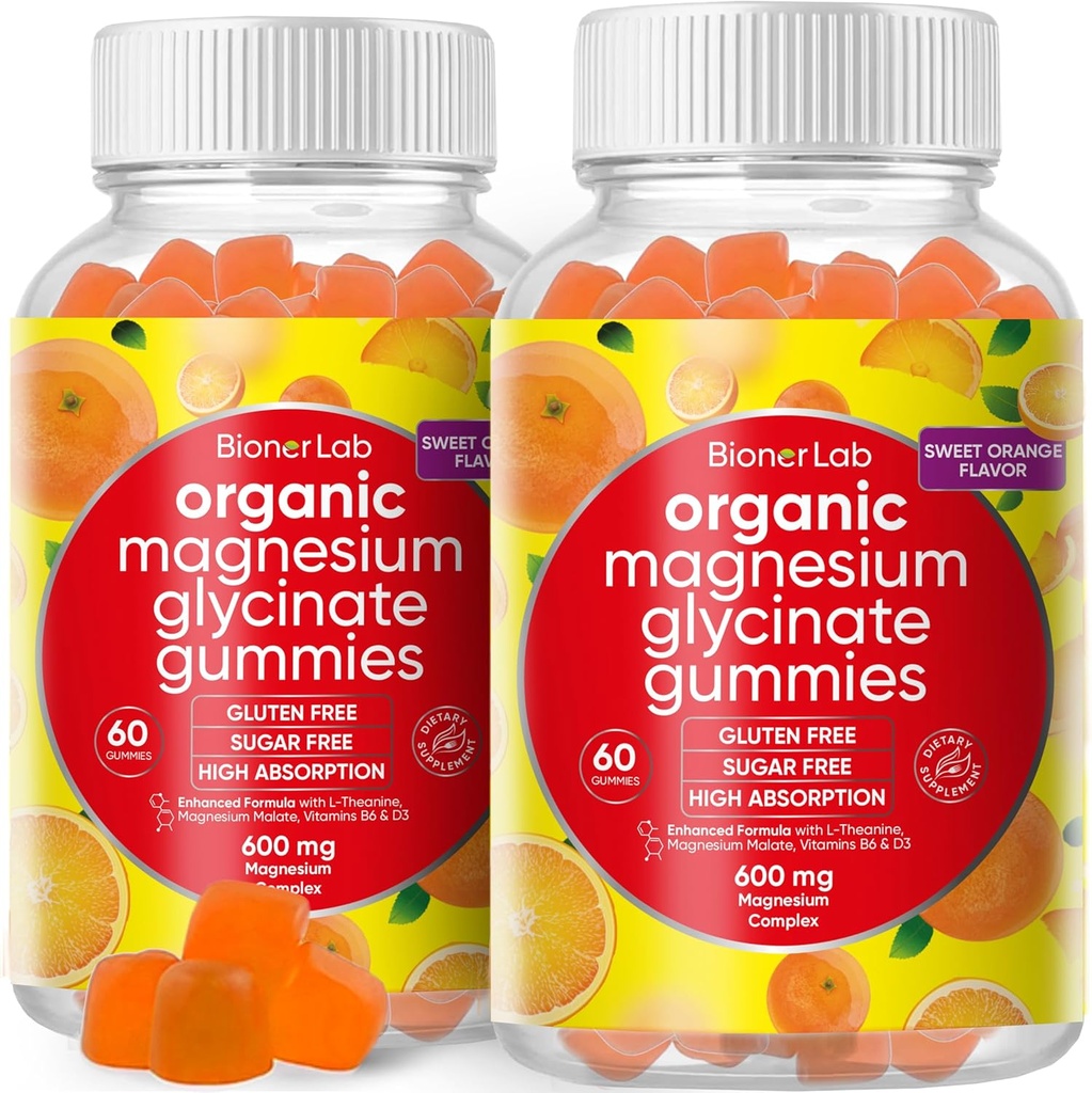 BionerLab Magnésium Glycinate Gommies à mâcher (600mg) pour Enfants et Adultes Femmes Hommes - Complexe végétalien avec calcium Potassium Vitamine D B6 L-Theanine - Sans sucre et sans gluten - Arôme orange