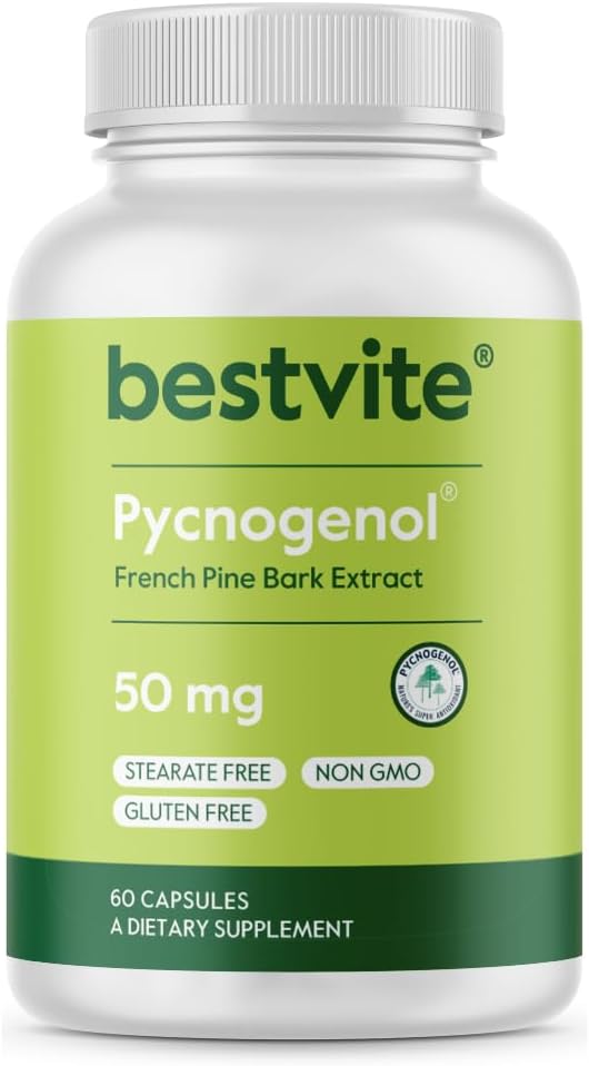 BESTVITE Pycnogenol 50mg (60 gélules) - Extrait d'écorce de pin Maritime française - Pas de stéarate - Sans gluten - Non OGM