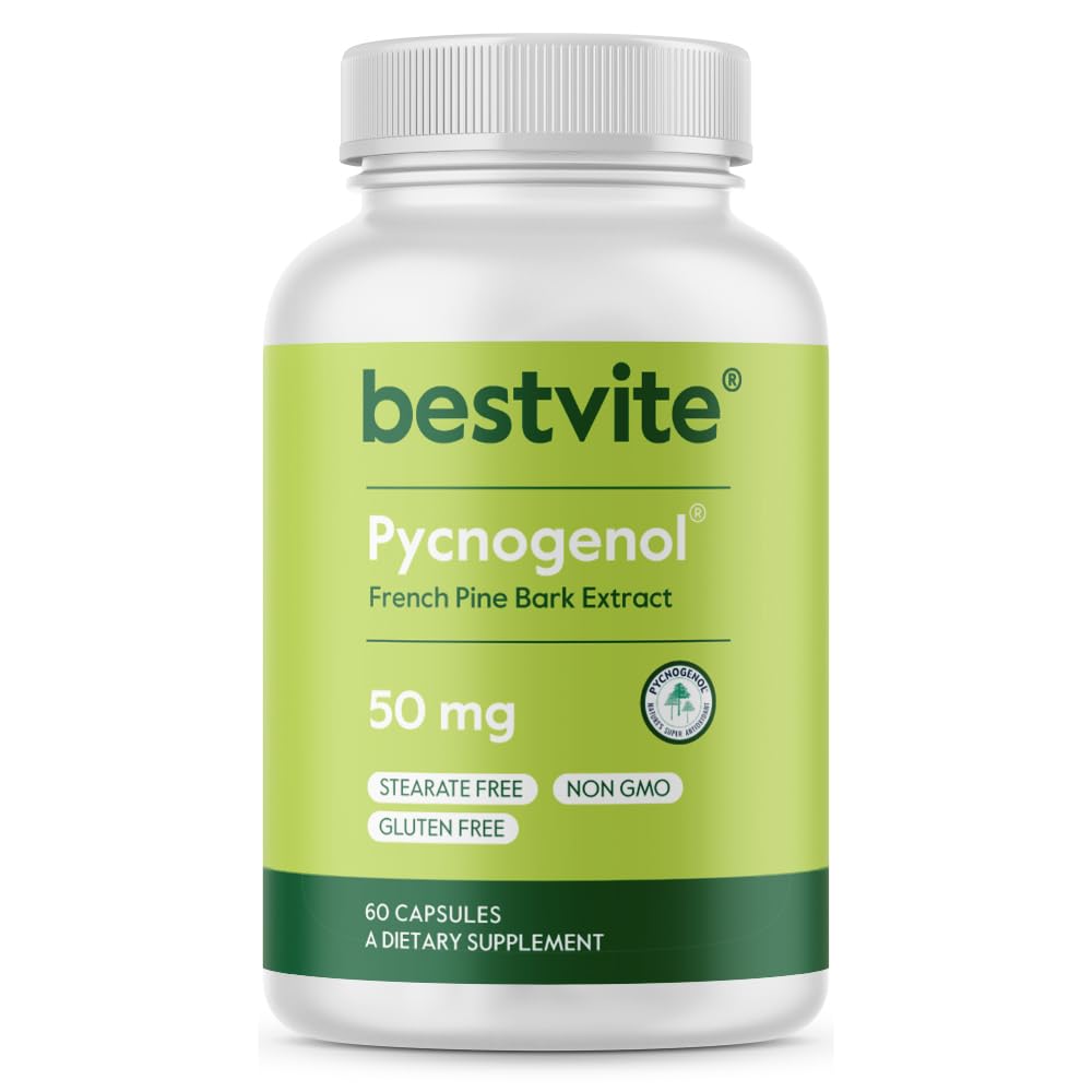 BESTVITE Pycnogenol 50mg (60 gélules) - Extrait d'écorce de pin Maritime française - Pas de stéarate - Sans gluten - Non OGM