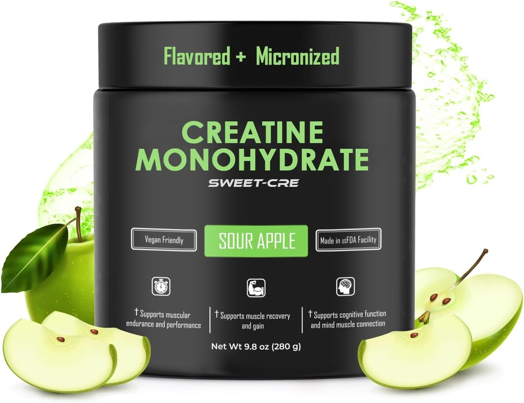 Créatine monohydratée – 5g Creatine monohydratée en poudre – Créatine avancée pour les femmes et les hommes – Suppléments en vrac Créatine – Saveur de punch aux fruits délicieux – 10 oz (40 portions, pomme aigre)