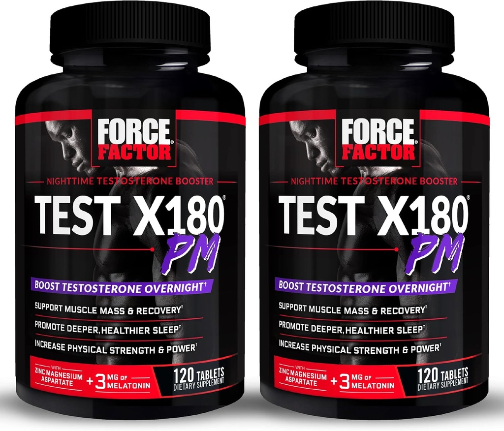 FORCE FACTOR Test X180 PM, 2-Pack, booster testostérone pour les hommes, supplément testostérone nuit pour construire le muscle, augmenter la force, et promouvoir le sommeil plus profond, plus sain et la récupération, 240 comprimés