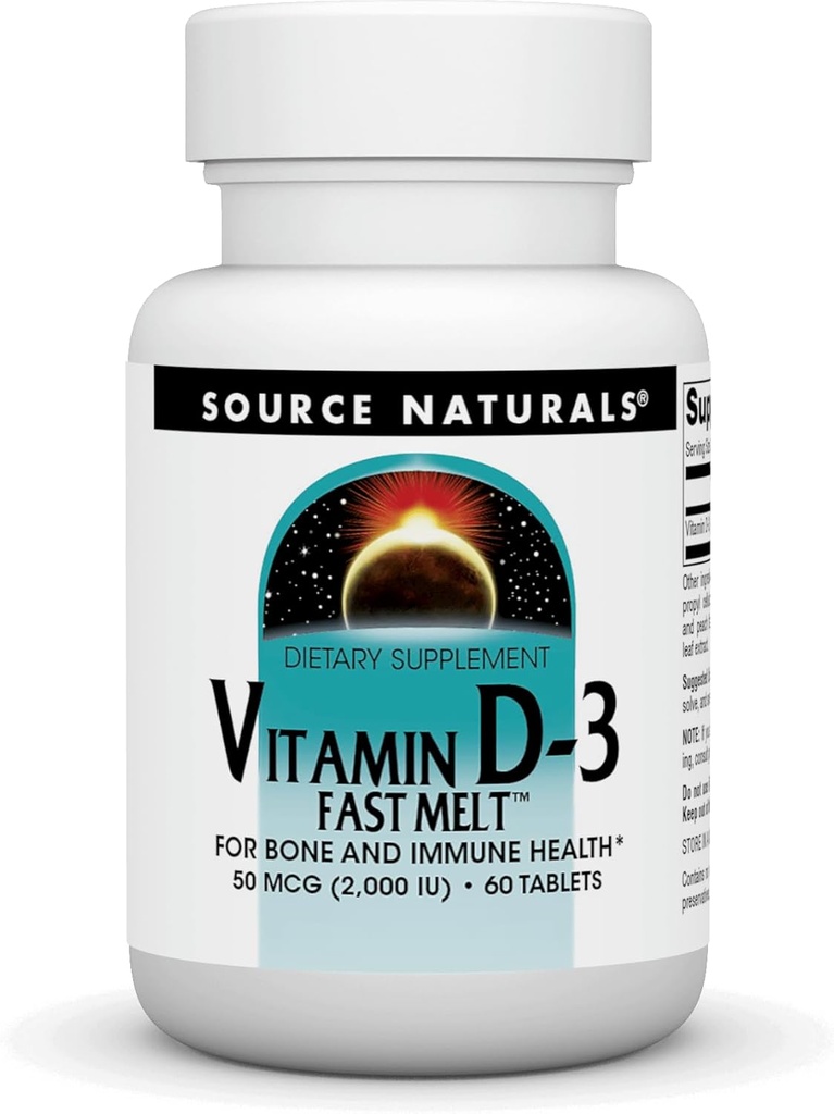 Source Naturelle Vitamine D-3 2000 iu soutient la santé des os et des immunes - Saveur de pêche à la cerise noire - 60 comprimés à fonte rapide