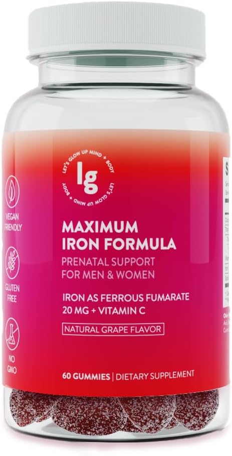 Gommies de fer – 20 mg de fer à absorption élevée + vitamine C, B12 et folate – Végétaux, non OGM, sans gluten – Soutien énergétique et anémie – 60 Ct