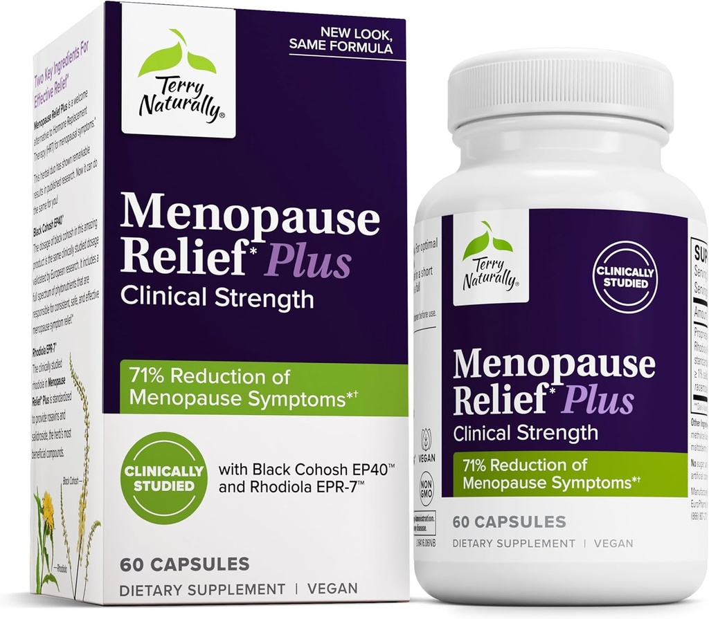 Terry naturellement Ménopause Relief Plus - Supplément symptôme de la ménopause - Supplément à l'aide contre la fatigue occasionnelle et les sueurs de nuit - Supplément avec Rhodiola et Cohosh noir - 60 Capsules