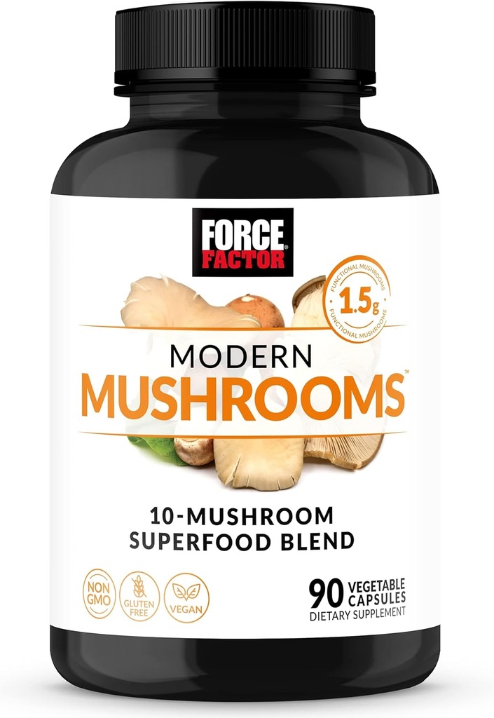 Facteur de force Capsules de champignons modernes, supplément de champignons avec Lions Mane, Turkey Tail, & Cordyceps pour soutenir l'énergie, le focus, l'immunité, et la digestion, 90 capsules végétales