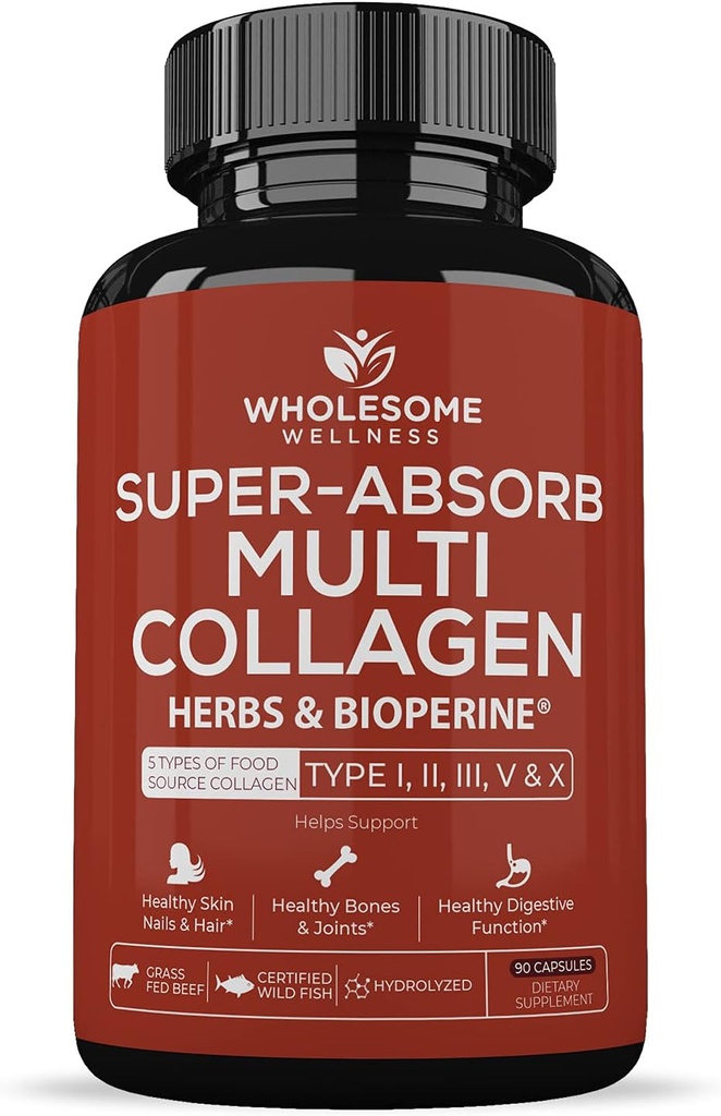 Wholesome Wellness Super-Absorb Multi Collagen Pills (Type I II III V X) Organic Herbs & Bioperine - Hair, Skin, Nails - Hydrolyzed Peptides Protein Supplement for Women & Men (90 Capsules)