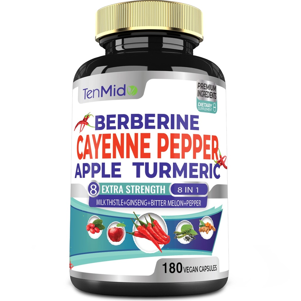 Cayenne Pepper Suppléments Extrait Capsules, 180 Capsules & Berberine, Pommes, Curcumine Turmère, Bitter Melon, Ginseng, Thistle de lait.