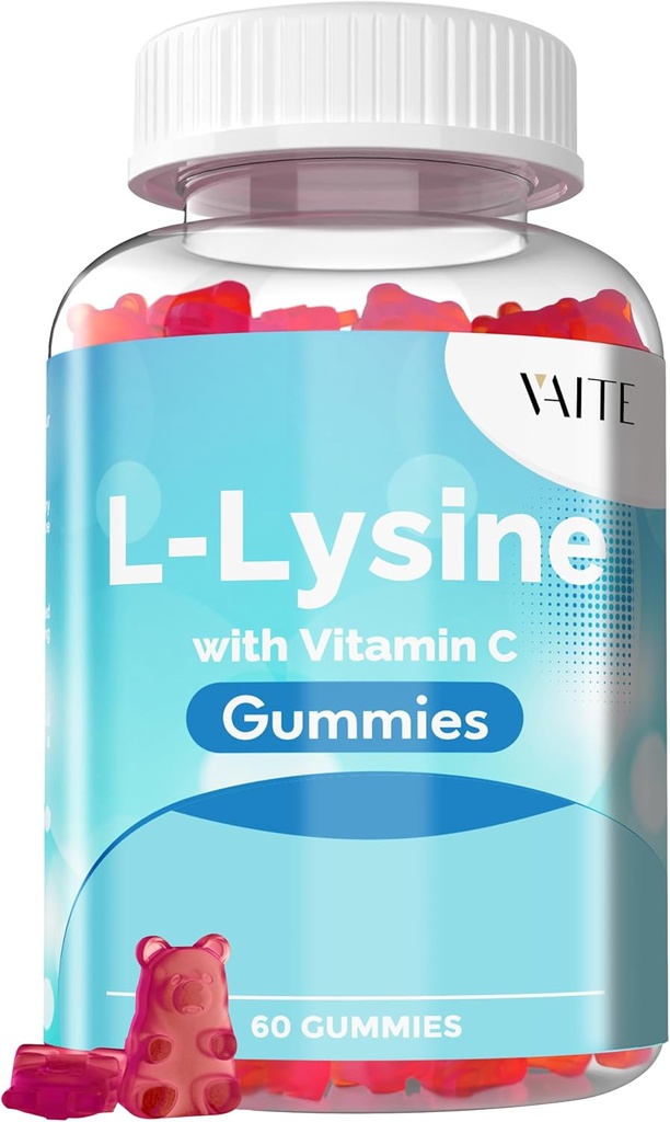 VAITE L-Lysine 800mg Gummies avec vitamine C - Skin, Lip & Cold Sore* Support pour les femmes - Lysine pour les adultes, soutient la santé tissulaire et système immunitaire, Amino Acid et suppléments complexes, 60 Vegan Chewable