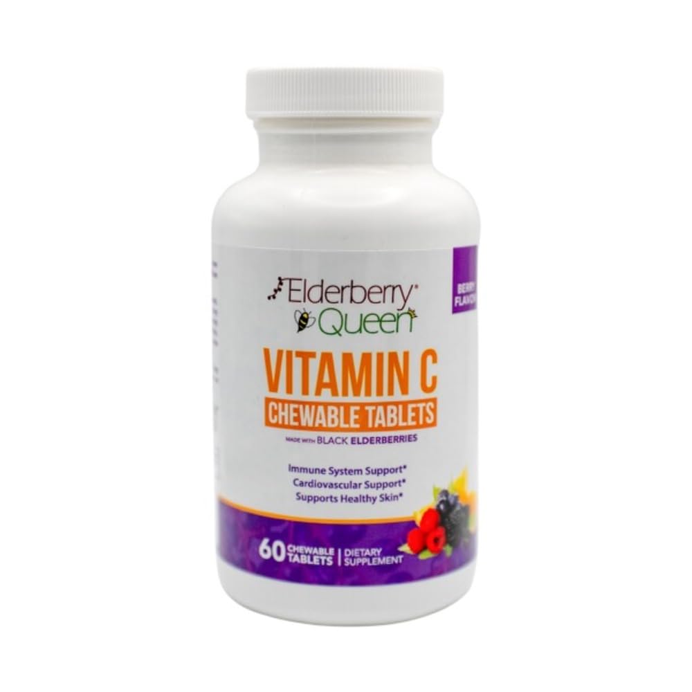 Vitamine C à croquer de la Reine de la mûre aînée 500mg - Comprimés de soutien immunitaire et antioxydants avec vitamine A, E et Echinacée biologique, Fruits anciens, Acerola - Complément alimentaire naturel, 60 Nombre