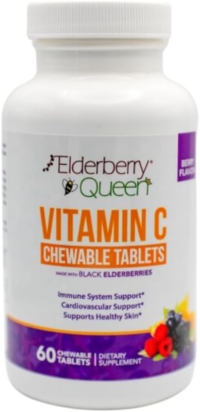 Vitamine C à croquer de la Reine de la mûre aînée 500mg - Comprimés de soutien immunitaire et antioxydants avec vitamine A, E et Echinacée biologique, Fruits anciens, Acerola - Complément alimentaire naturel, 60 Nombre