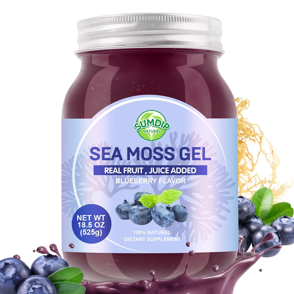 Gel de mousse de mer, 18.5OZ Aromatisé brut Irish Seamoss Gel Immune et soutien digestif Vitamine Mineral Suppléments, Blueberry