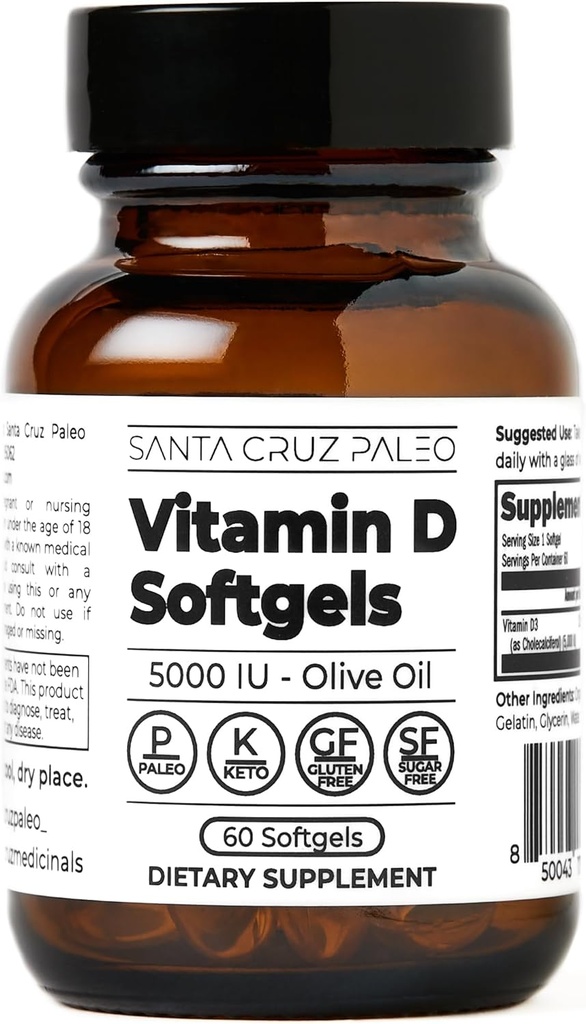 Supplément vitamine D de Santa Cruz Paleo, Bone Health & Immune Support, 5000 i.u. Par Softgel, sans gluten, Keto, sans sucre, Paléo, vitamine D3, huile d'olive pour l'absorption, ingrédients naturels, 60 Softgels
