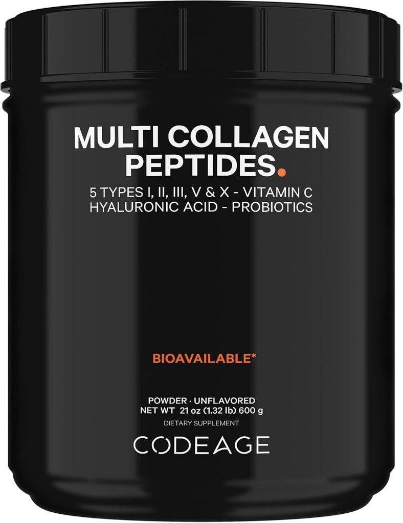 Codeage Peptides Multi Collagène + Probiotiques Édition Noire, Vitamine C, Supplément en poudre d'acide hyaluronique, Herbe-Fed, Pâturage, Hydrolysé, Zéro Carbes, Type I, II, III, V & X, Non aromatisé, 21oz