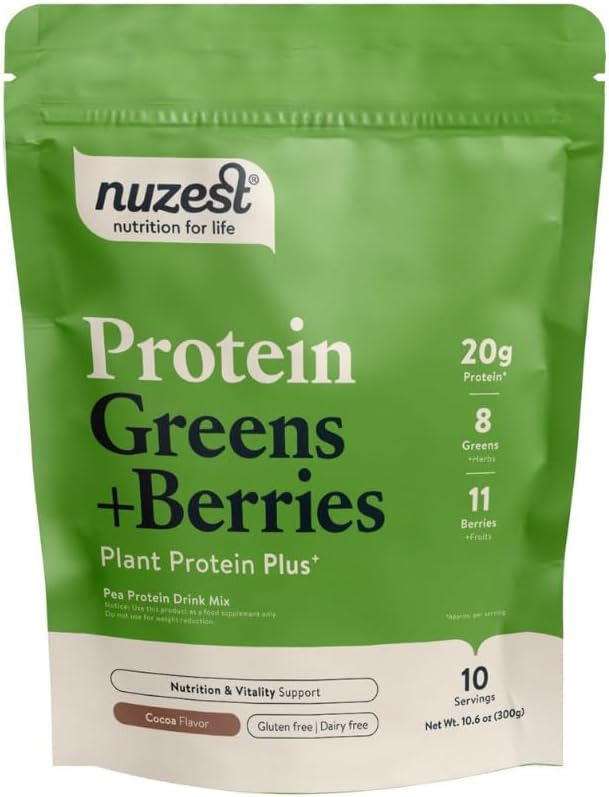 Nuzest – Verts protéiques + baies – Poudre superalimentée – Mélange de protéines végétales - 300g / 10,6 oz Pouch (10 portions) (Cocoa, 300g)