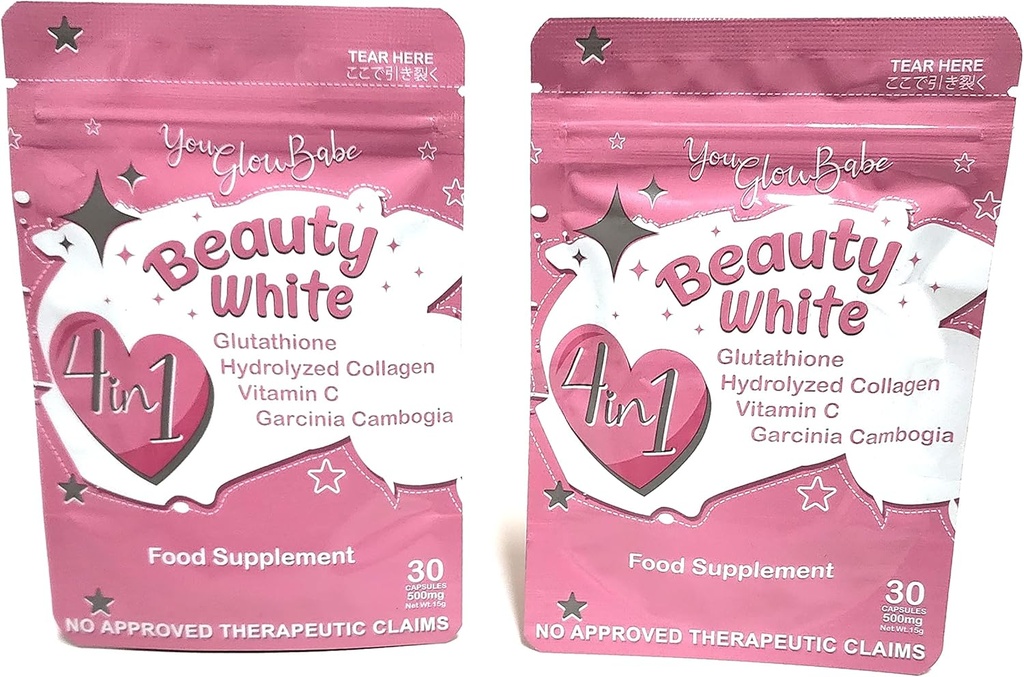 Beauty White 4 in 1 Glutathione Food Supplement, Size 15gram Each (Pack of 2) 30 x 2-60 Capsules