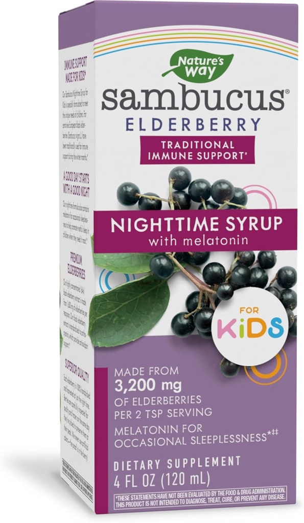 Nature's Way Sambucus Elderberry Nighttime Sirop pour les enfants avec Melatonin, Immune Support*, 4 Fl Oz