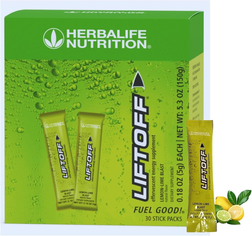 Herbalife Nutrition LIFTOFF Energy Stick Packs - Lemon-Lime Blast - Boissons instantanées pour stimuler l'énergie naturelle, éclaircit les esprits, améliore la concentration, 30 Compte (30 Packs), Lemon-Lime vert Blast