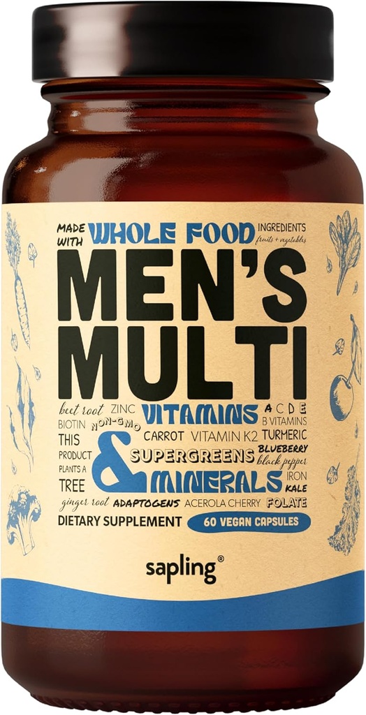Multivitamin for Men - Daily Men’s Multivitamin - Methylated B Complex with Whole Food Ingredients, Vitamin B12, Folate, A, C, D3, E, K2, Organic Fruits & Vegetables - Vegan, Non-GMO - 60 Caps