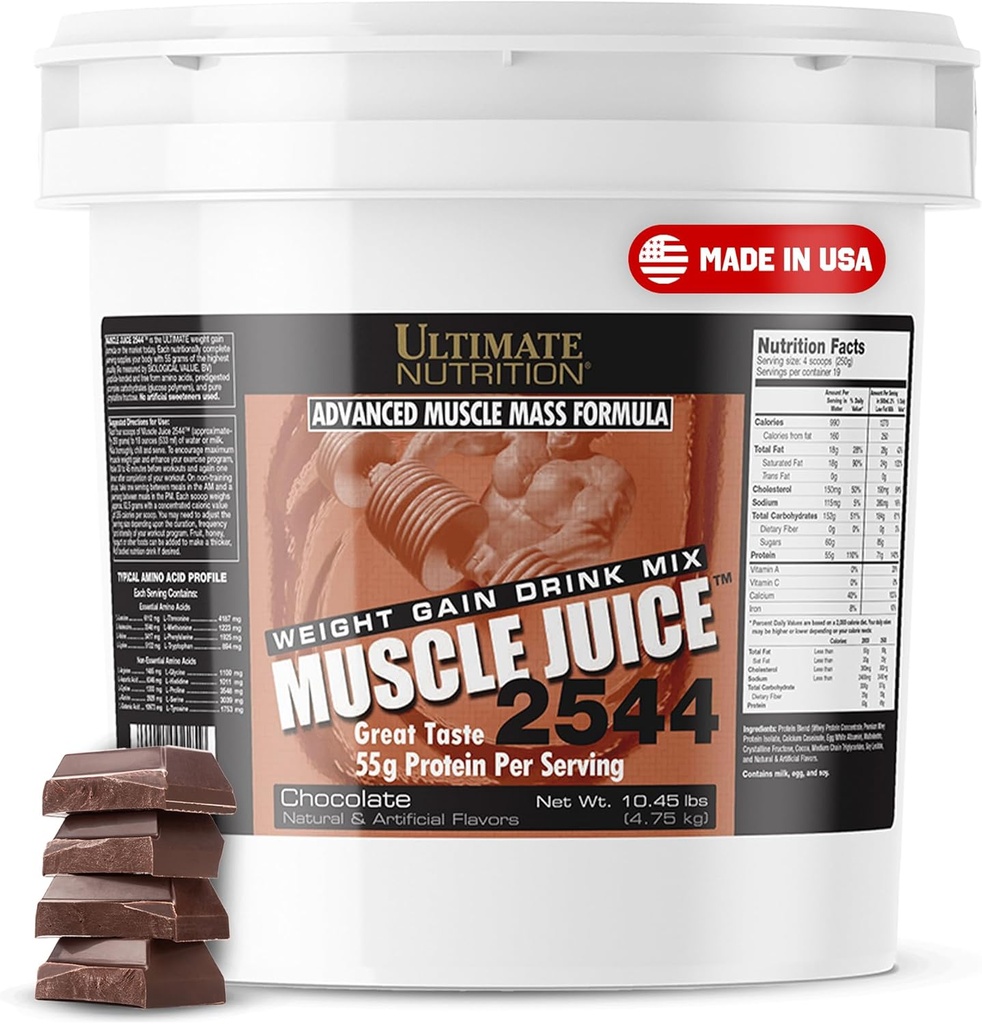 Ultimate Nutrition Jus musculaire, Mélange de boisson gain de poids - Poudre d'entraînement gain de masse pour les hommes et les femmes - Supplément pour la croissance musculaire maigre et le soutien immunitaire avec 55g de protéines - chocolat, 10.45lb