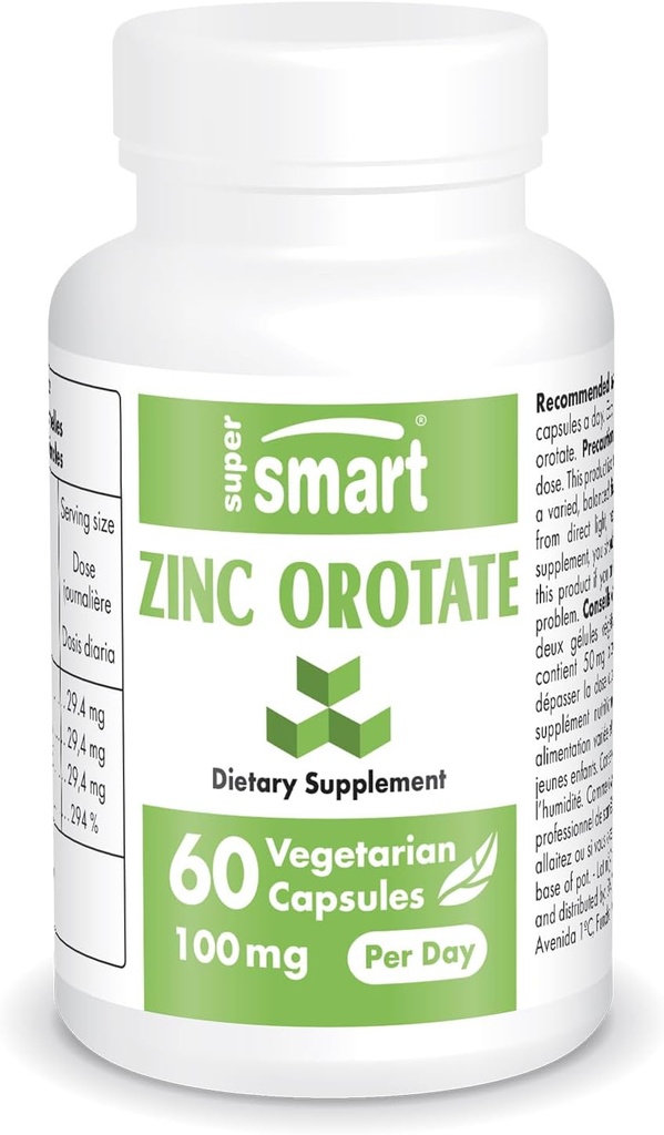 Supersmart - Supplément d'orotate de zinc 100mg par jour (Forme améliorée) - Soutien immunitaire - Booster d'énergie et de métabolisme - Pilules d'acné doux - Santé de la peau